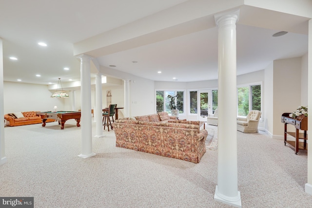 living area featuring recessed lighting, ornate columns, pool table, light carpet, and baseboards