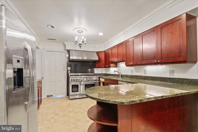 kitchen featuring kitchen peninsula, wall chimney exhaust hood, sink, ornamental molding, and stainless steel appliances