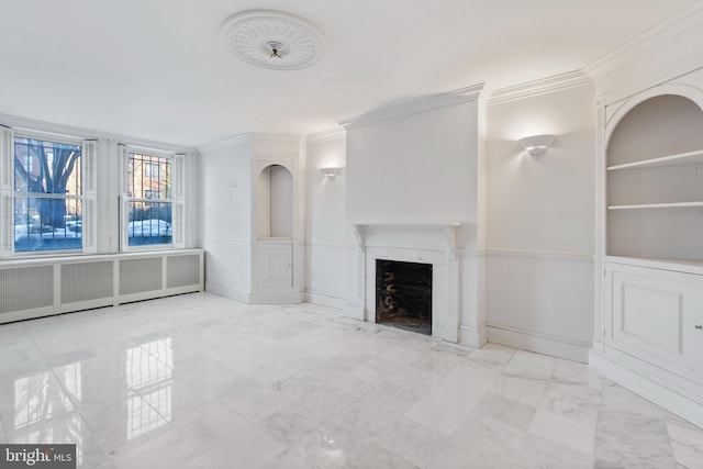 unfurnished living room with radiator and ornamental molding