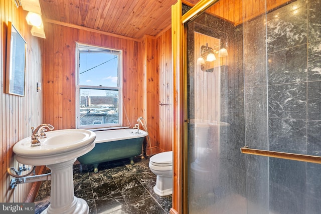 bathroom with wood ceiling, toilet, shower with separate bathtub, and wooden walls