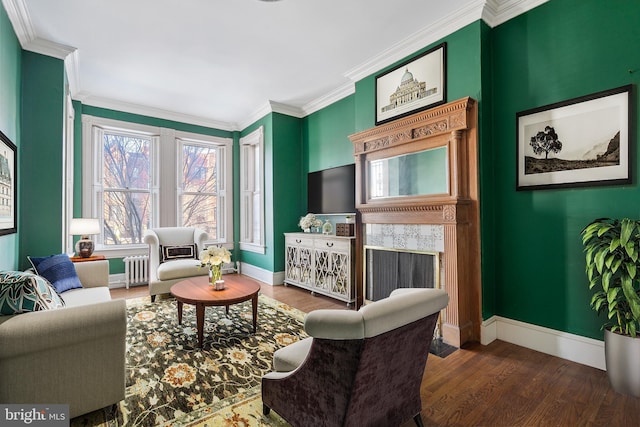 living room with dark wood-type flooring, radiator, and ornamental molding