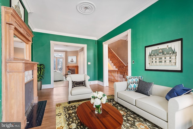 living room with a fireplace, hardwood / wood-style floors, and ornamental molding