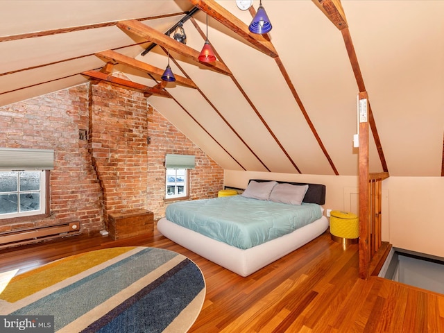 bedroom with brick wall, wood-type flooring, and vaulted ceiling with beams