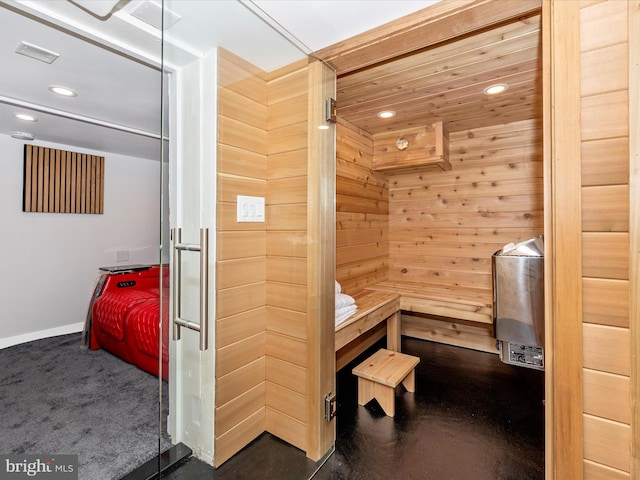 view of sauna / steam room featuring carpet flooring