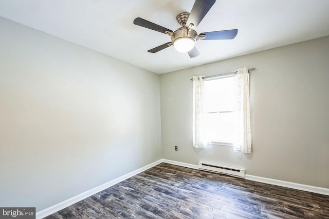 unfurnished room featuring ceiling fan, baseboard heating, and dark hardwood / wood-style flooring