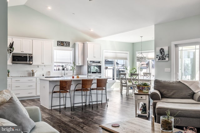 living room featuring high vaulted ceiling, dark hardwood / wood-style floors, and plenty of natural light