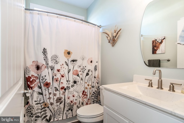 bathroom featuring toilet, vanity, and curtained shower