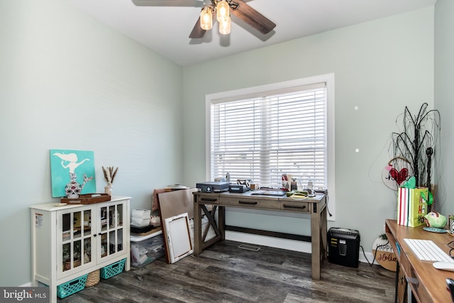 office area with ceiling fan and dark hardwood / wood-style flooring