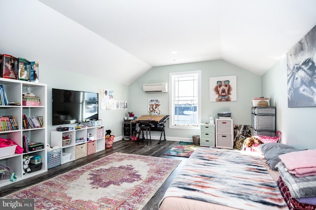 bedroom featuring vaulted ceiling, dark hardwood / wood-style floors, and a wall unit AC