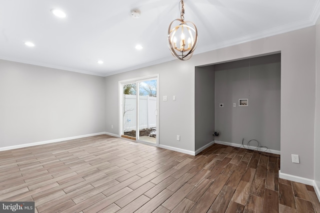 interior space with ornamental molding, a chandelier, and light hardwood / wood-style floors