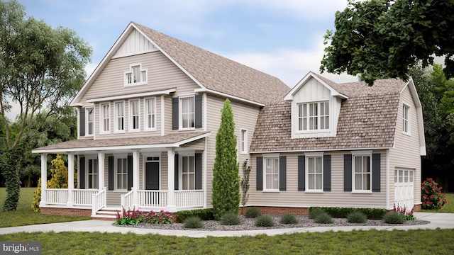 view of front of home with board and batten siding, covered porch, concrete driveway, and a front yard