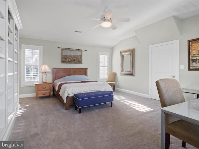 bedroom with lofted ceiling, carpet flooring, and ceiling fan