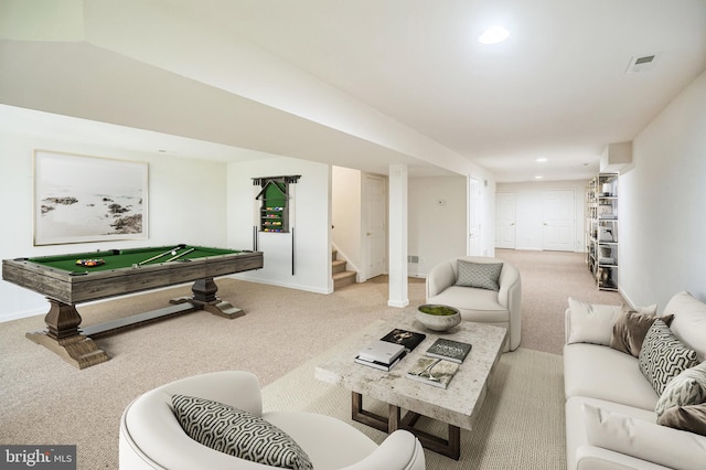 carpeted living room featuring billiards