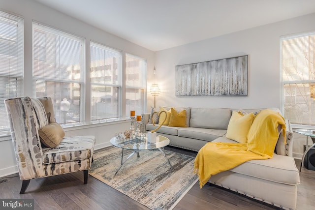 living room featuring baseboards and wood finished floors