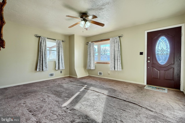 carpeted entryway with ceiling fan, a healthy amount of sunlight, and a textured ceiling