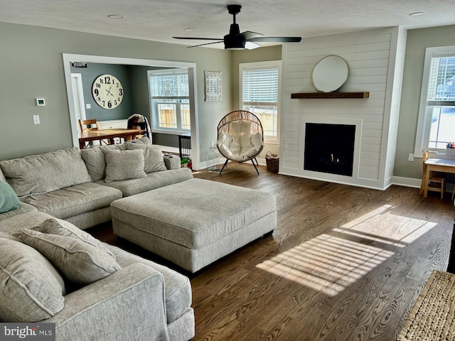 living room featuring ceiling fan, a large fireplace, and dark hardwood / wood-style flooring