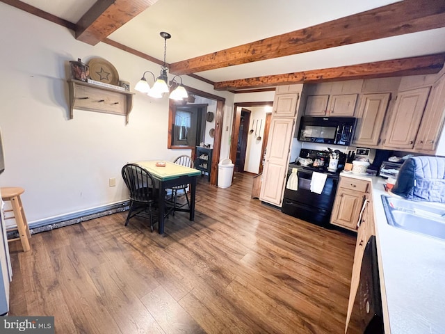 kitchen featuring sink, hanging light fixtures, beamed ceiling, a chandelier, and black appliances