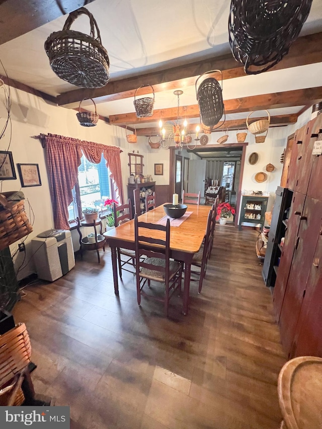 dining room featuring beamed ceiling, dark wood-type flooring, and a notable chandelier