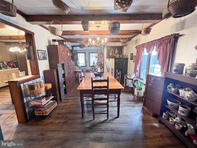 dining space featuring beamed ceiling, a notable chandelier, and dark hardwood / wood-style floors