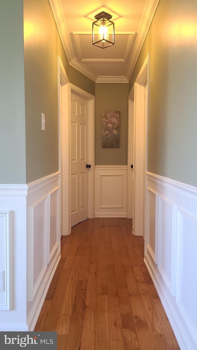 hall featuring ornamental molding and light hardwood / wood-style flooring