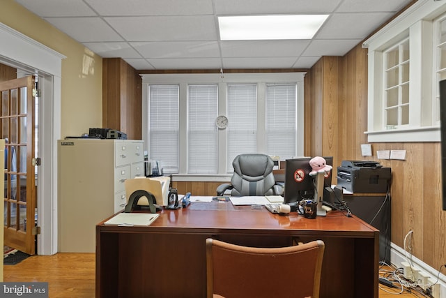 office featuring light wood-type flooring, a paneled ceiling, and wood walls