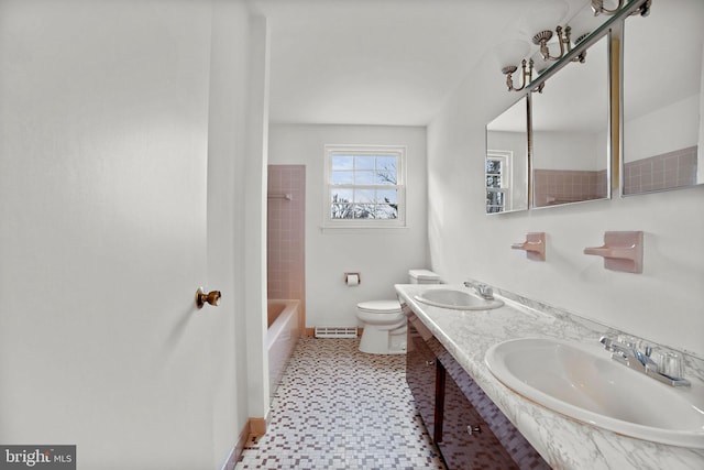 full bathroom featuring shower / bathing tub combination, toilet, and vanity