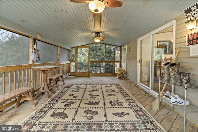 sunroom featuring ceiling fan, wooden ceiling, and lofted ceiling