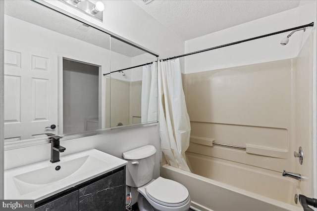 full bathroom with a textured ceiling, toilet, vanity, and shower / bathtub combination with curtain