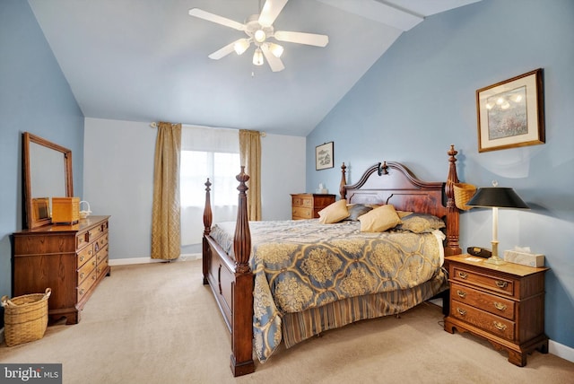 carpeted bedroom featuring ceiling fan and lofted ceiling