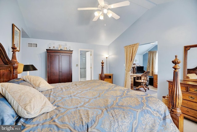 carpeted bedroom featuring ceiling fan, ensuite bathroom, and lofted ceiling