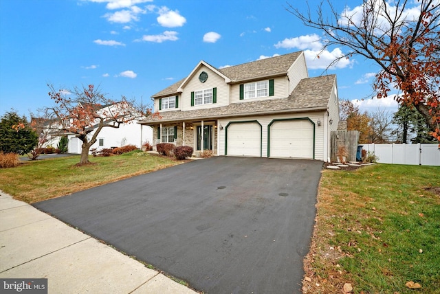 front facade featuring a front lawn and a garage