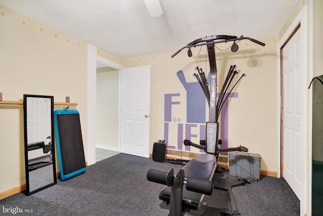 exercise area featuring a textured ceiling and carpet floors