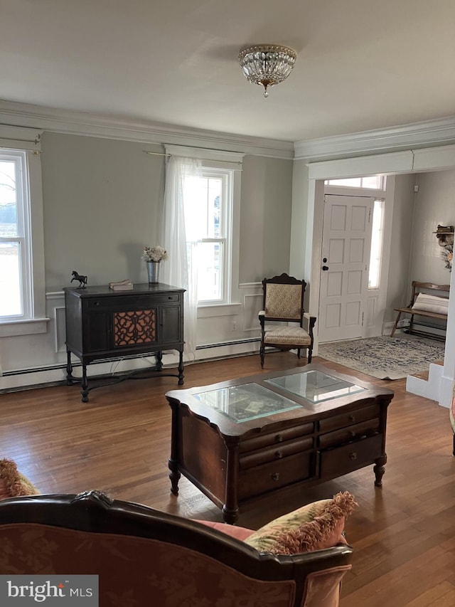 living area with a healthy amount of sunlight, crown molding, and hardwood / wood-style flooring