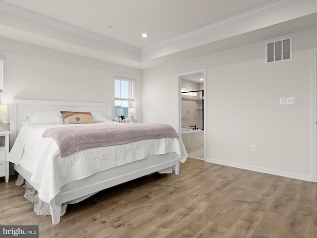 bedroom with visible vents, crown molding, baseboards, recessed lighting, and light wood-style flooring