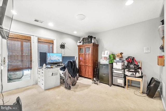 home office with light colored carpet