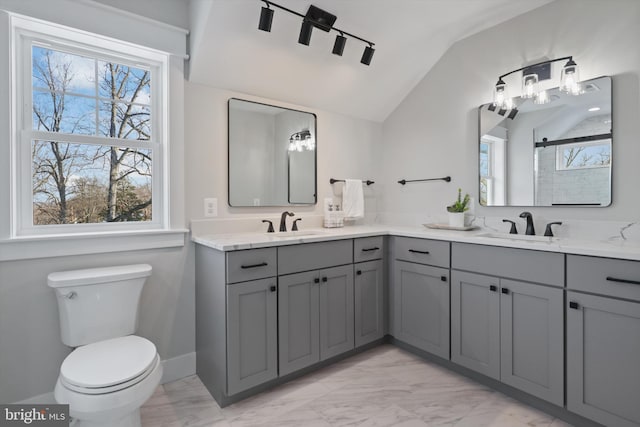 bathroom with lofted ceiling, vanity, and plenty of natural light