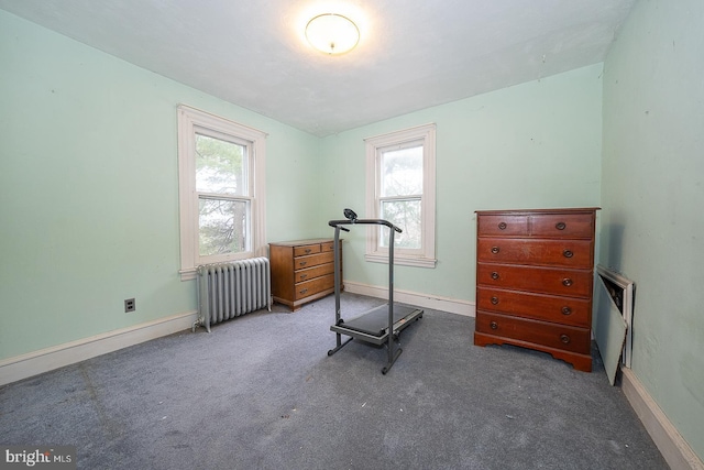 workout area featuring radiator, carpet flooring, and plenty of natural light