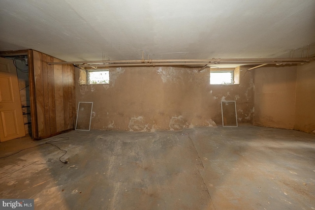 basement featuring wooden walls