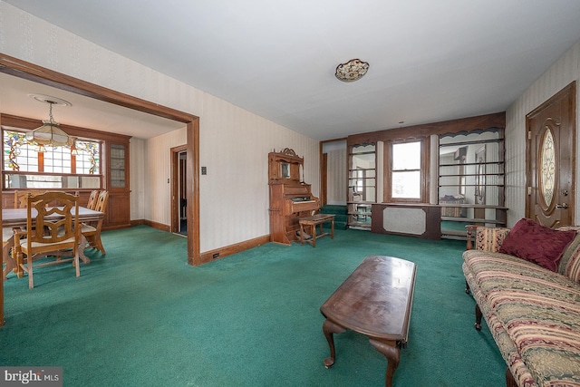 living room featuring dark carpet