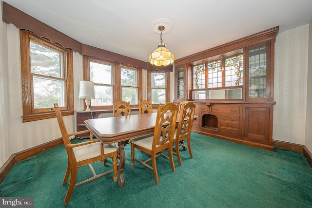 dining room featuring dark carpet