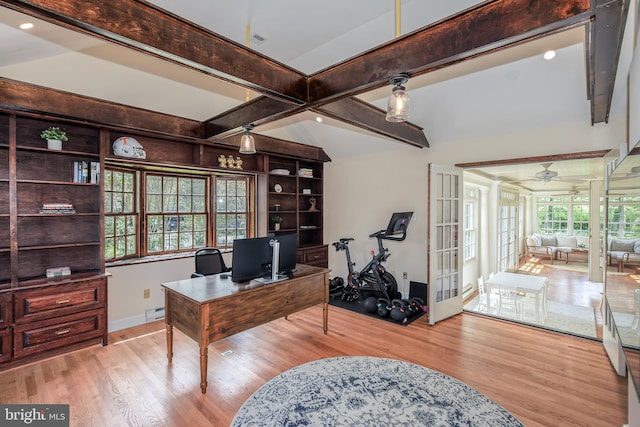 4901 Stillwell Ave, Alexandria, VA 22309 - office space with a baseboard radiator, wood finished floors, beam ceiling, and ceiling fan