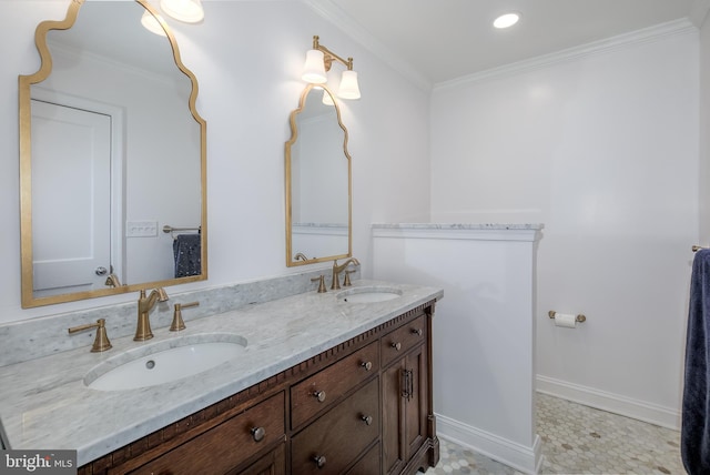4901 Stillwell Ave, Alexandria, VA 22309 - bathroom with double vanity, baseboards, a sink, and ornamental molding