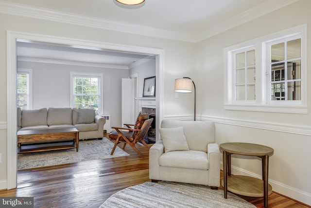 4901 Stillwell Ave, Alexandria, VA 22309 - living area featuring radiator, baseboards, wood finished floors, a fireplace, and ornamental molding