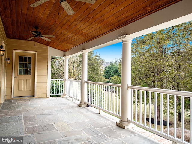 view of patio with a porch and ceiling fan