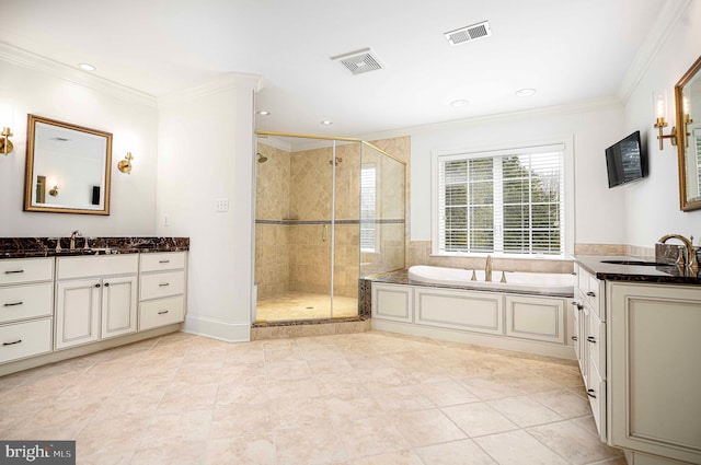 bathroom featuring ornamental molding, visible vents, and a sink