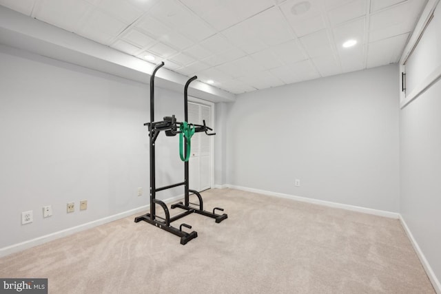 exercise room featuring light carpet and a drop ceiling