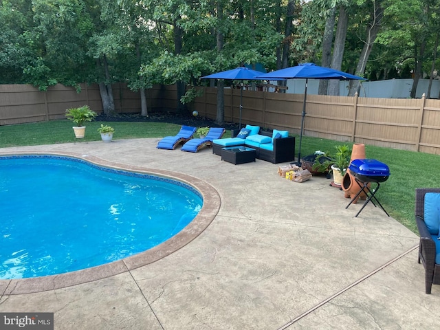 view of swimming pool with an outdoor hangout area and a patio