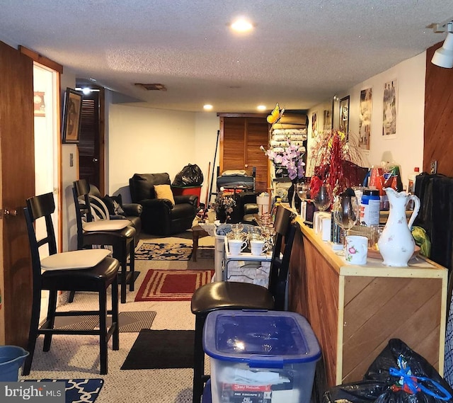 interior space with carpet and a textured ceiling