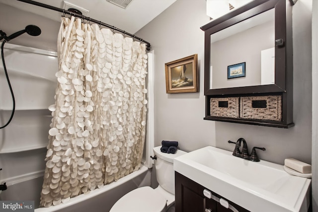 full bathroom featuring toilet, vanity, and shower / bathtub combination with curtain