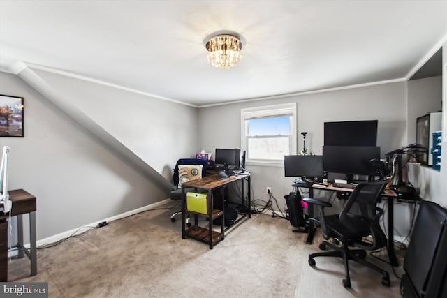 carpeted home office with a chandelier